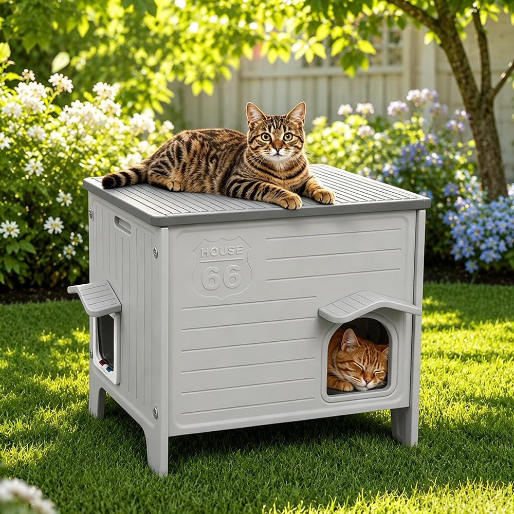 Katzenhaus Outdoor, Winterfest für mittlere Katzen, Ganzjahreshütte mit abnehmbarem Dach, wasserdicht & leicht zu reinigen Grau
