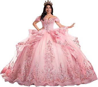 Womens Gorgeous Light Pink Tulle Quinceanera Dress with Off - Shoulder & Embroidered Details