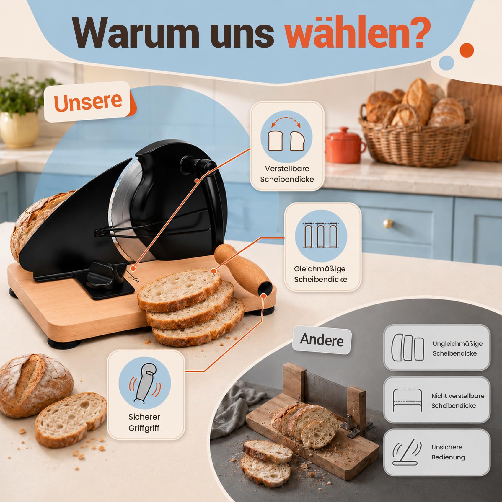 Brotschneidemaschine Manuelle mit Handkurbel | 0–20 mm einstellbare Scheibendicke | Edelstahlklinge mit Wellenschliff | rutschfeste Saugnäpfe | Für Sauerteig, Roggen, Toast & Baguette