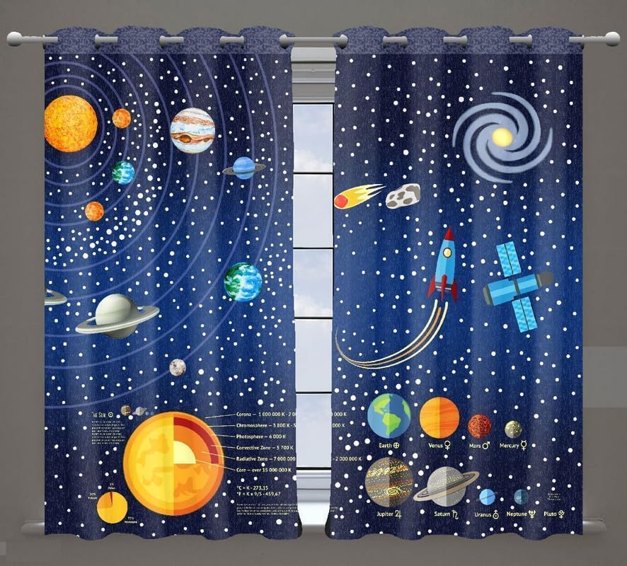 Image of 3D Printed Space Theme Curtains for Kids Room Galaxy Print School Curtain Window Parde, Long Door Curtain 9 feet Set of 2 Pc