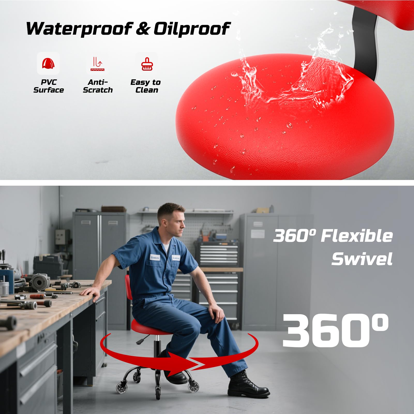 Taburete rodante con respaldo y ruedas, taburete mecánico de garaje con altura ajustable de 15.5 a 18.3 pulgadas, silla de taller resistente giratoria de 360°, asiento de trabajo de PVC, 5