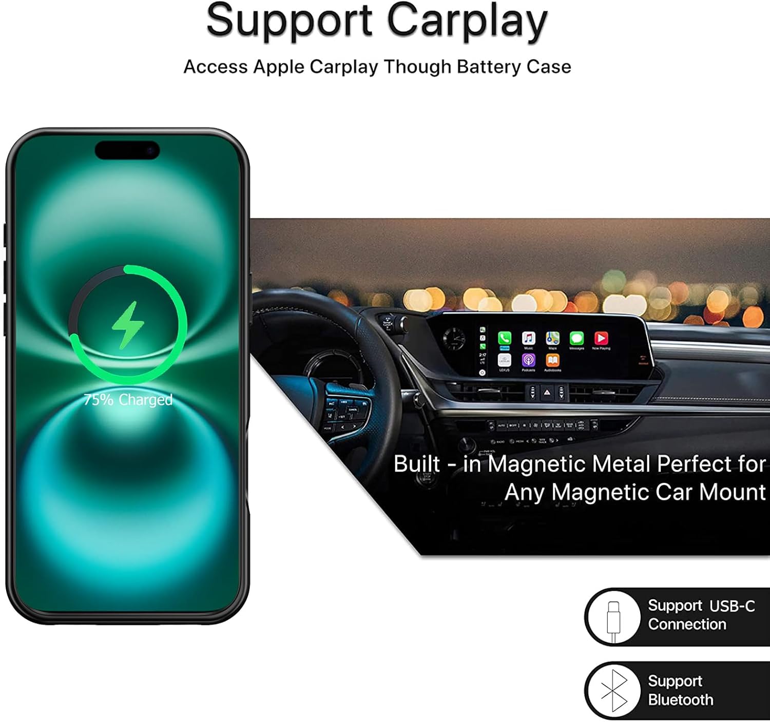 Battery Case for iPhone 16,Upgraded 10000mAh High Capacity Rechargeable Portable Protective Extended Charger Case Wireless Charging Compatible with iPhone 16 (6.1 inch) Charging Case & Carplay (Black)