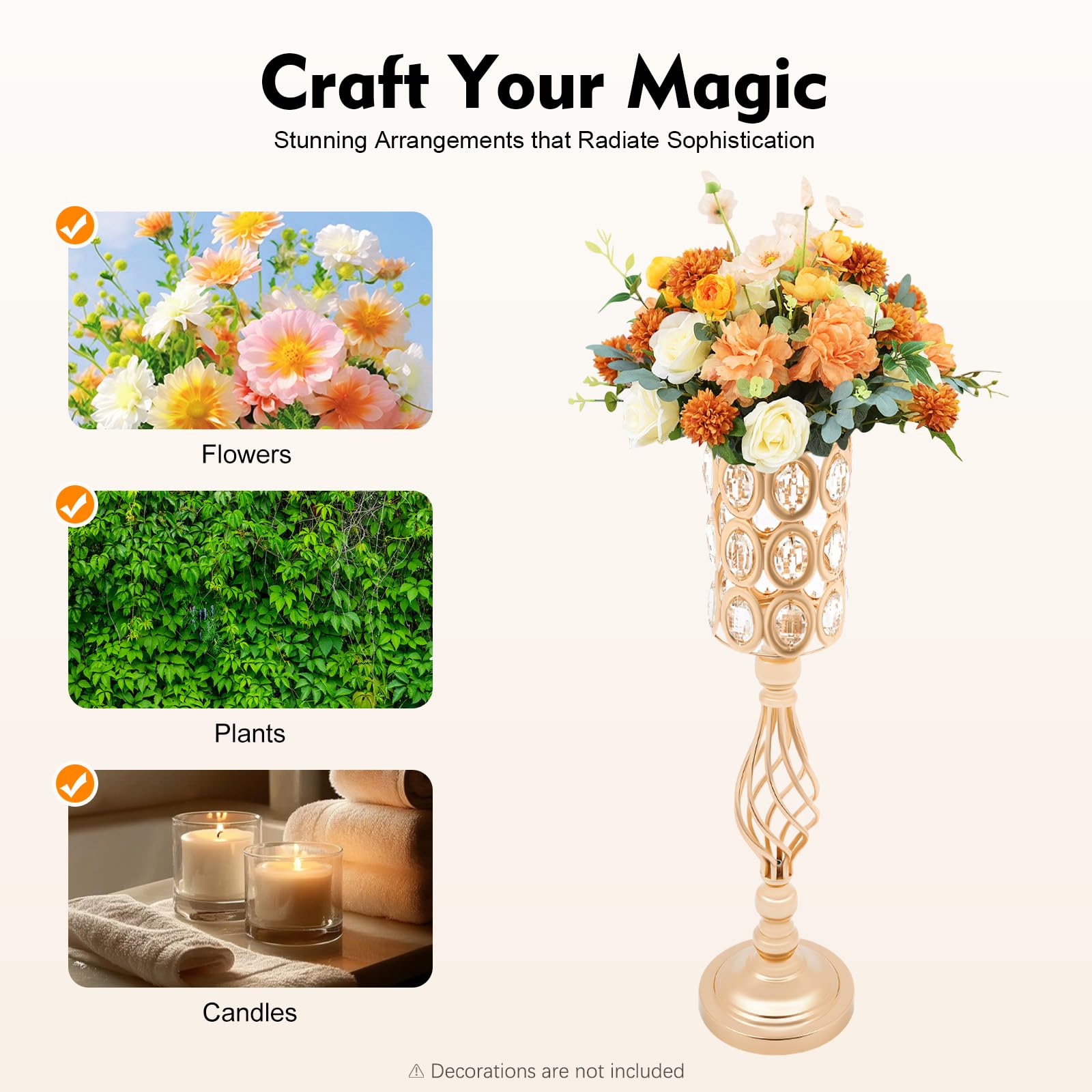 Vaso di lusso alto 61 cm, 10 vasi di fiori moderni con cristallo per decorazione da tavolo, vasi da tavolo decorativi per matrimoni, feste, oro