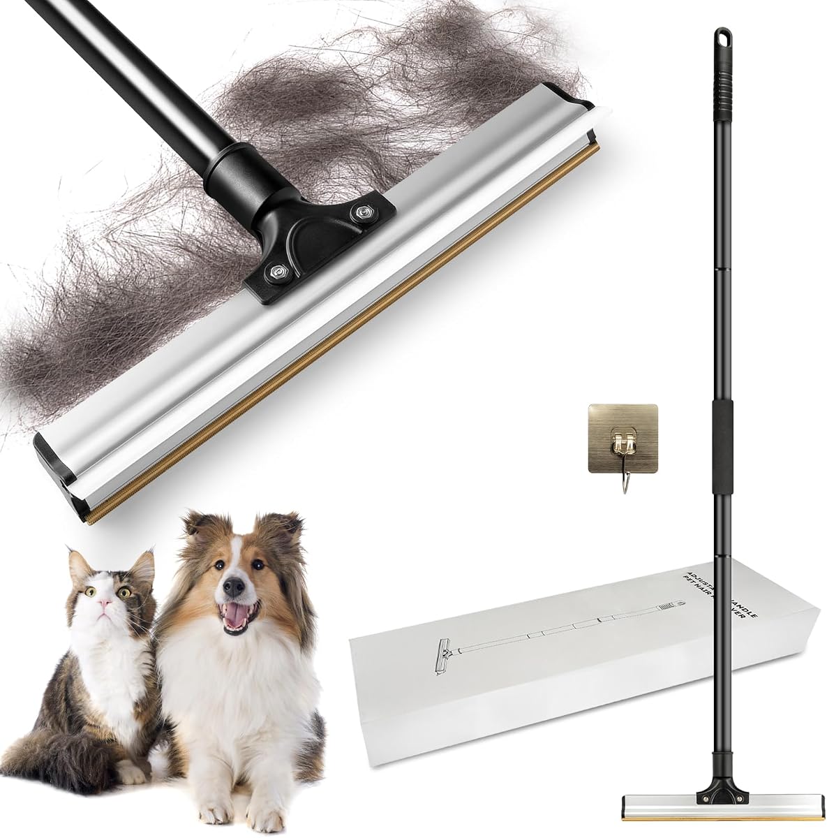 Removedor de pelo de mascotas de doble cara, herramienta de eliminación de pelo de rastrillo de alfombra ajustable con borde dentado de cobre y silicona, escoba removedora de pelo reutilizable para perros y gatos para eliminar el pelo incrustado de la alfombra