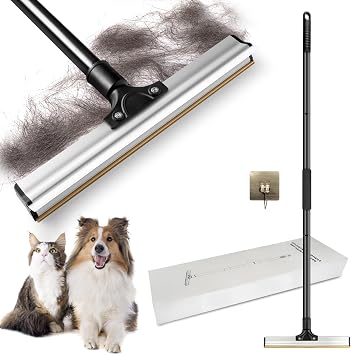 Dual Side Pet Hair Remover, Adjustable Carpet Rake Hair Removal Tool with Copper Serrated & Silicone Edge, Reusable Dog Cat Hair Remover Broom for Embedded Fur Removal from Carpet