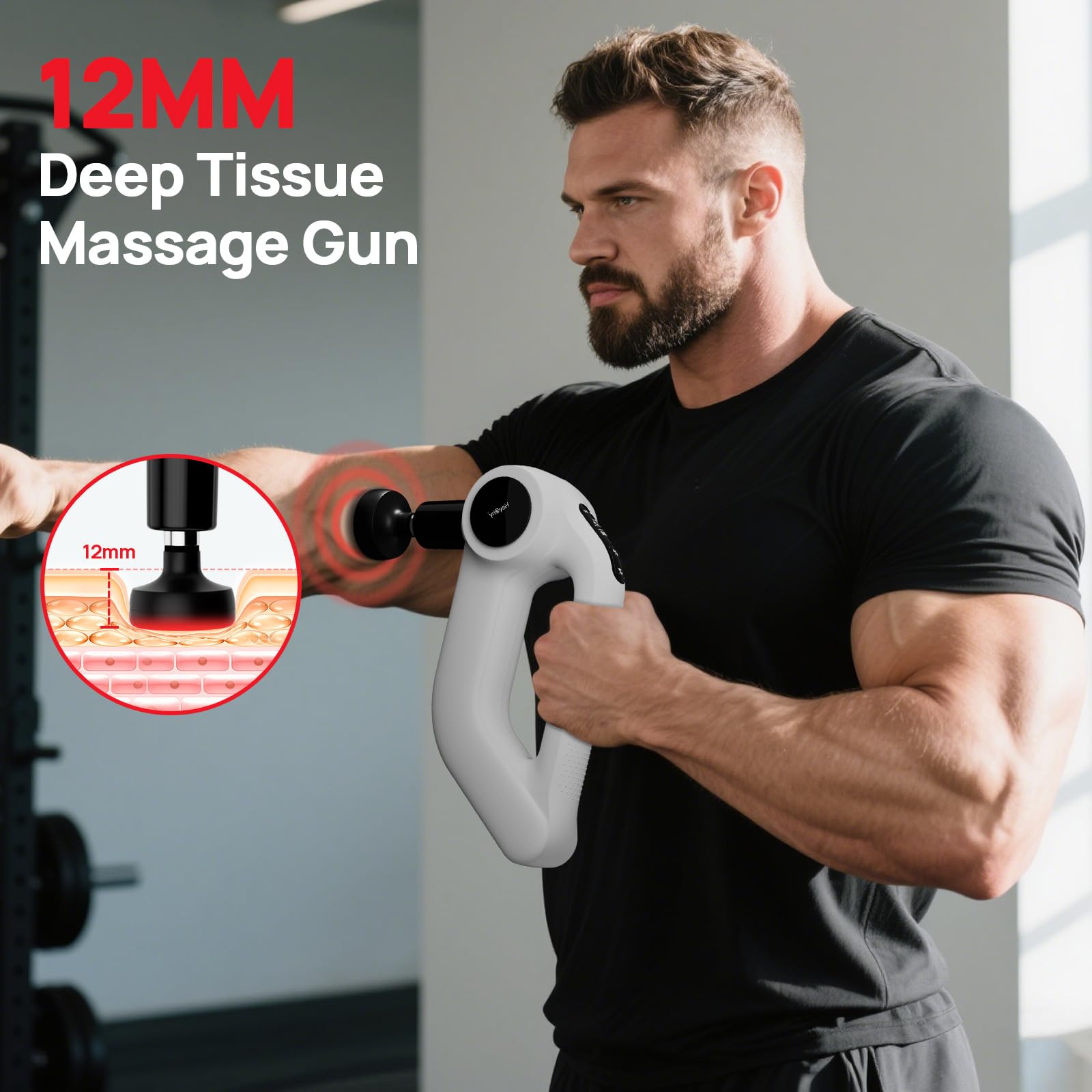 Pistola de masaje con calor, masajeador de percusión de tejido profundo para aliviar el dolor, amplitud de 12 mm, 5 velocidades y 8 accesorios, ideal para recuperación muscular, pierna de hombro