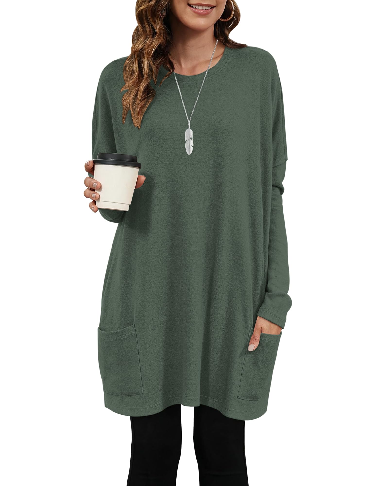 AUSELILY Longpullover für Damen Langarmshirt Lang Oversized Rundhalsausschnitt T-Shirts Sweashirt Tunika Damen Pulli Long-Shirt Kleid mit Taschen