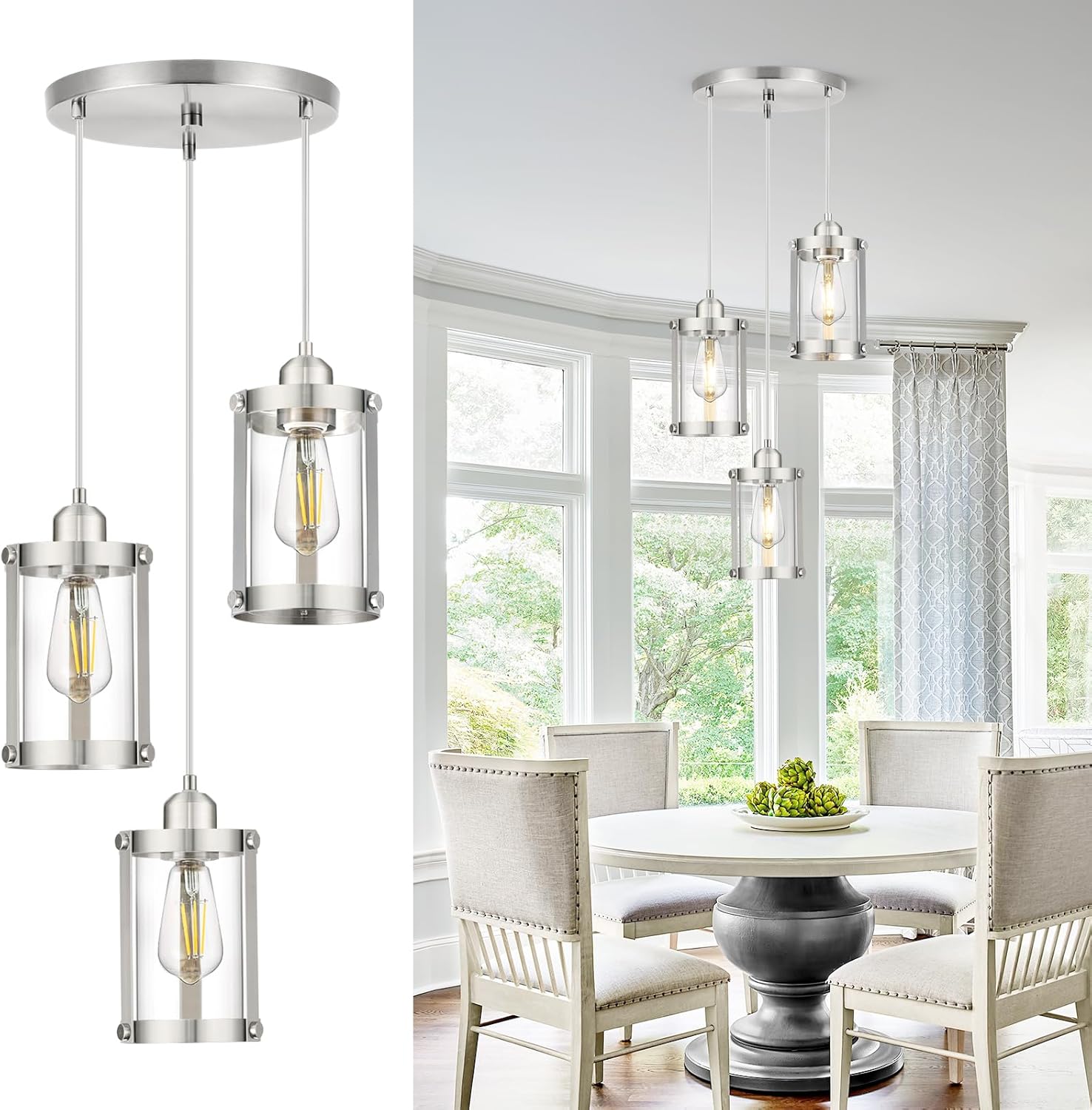 (Similar)3-Light Pendant Lighting, Brushed Nickel Dining Room Chandelier Light Fixture Over Table with Clear Glass, Modern Cluster Hanging Lights for Kitchen Island Sink, OS-3014-3BN