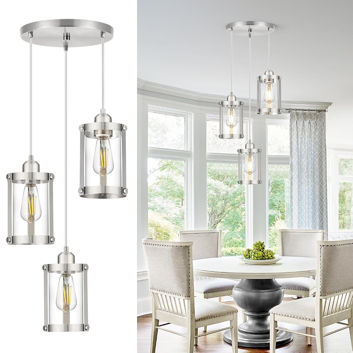 Osimir 3-Light Pendant Chandelier, Brushed Nickel with Clear Glass, Modern
