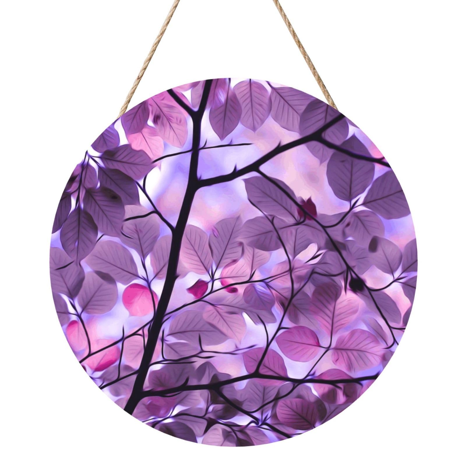 InOmak Purple Leaf, Round Wood Panel Painting 12 in, Wall Hanging Painting For Home