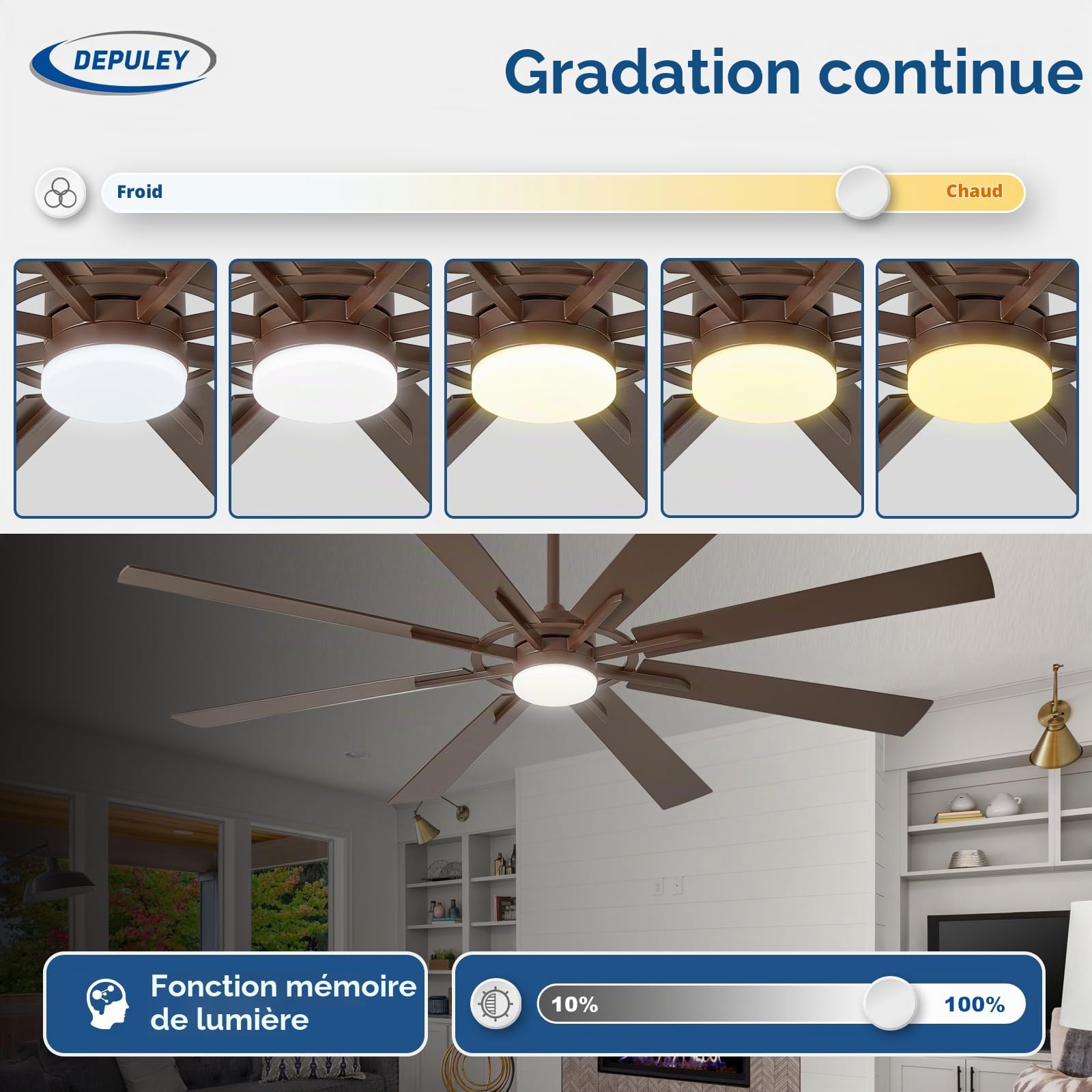 Depuley Grands ventilateurs de plafond avec éclairage: Ventilateur de plafond d'extérieur de 72 pouces à 8 pales avec télécommande - Grand ventilateur marron avec éclairage