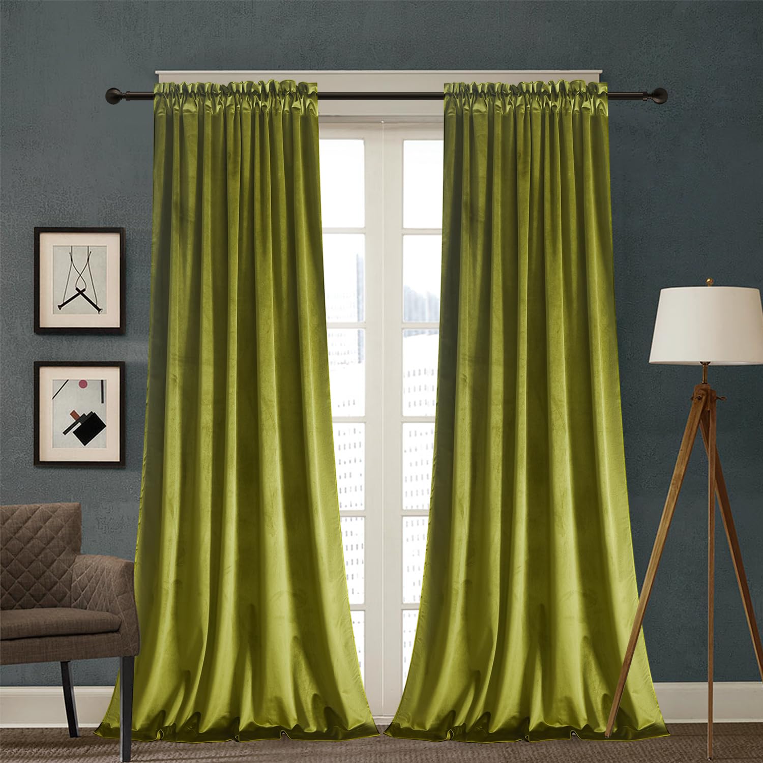 Roslynwood Velvet Curtains 2 Panels Set, Block Light Thermal Insulated Velour Rod Pocket Drapes for Bedroom and Living Room (52 x 96 inch, OliveGreen) — image 1