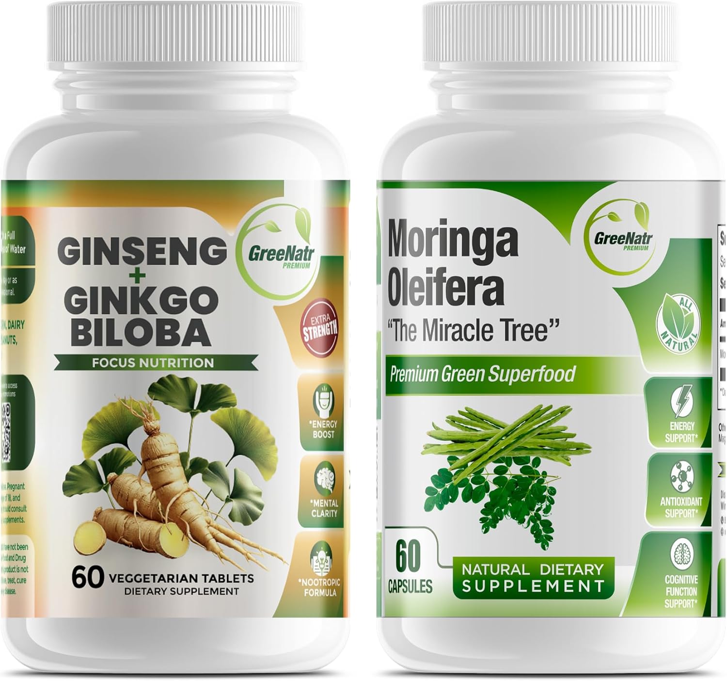 GreeNatr Ginkgo Biloba, Panax Ginseng Supplement and Moringa Capsules Bundle – Ginkgo Biloba Supplements for Immune Support and Energy Boost – Moringa Supplement for Concentration and Good Memory