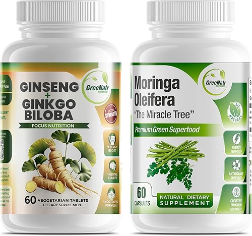 GreeNatr Focus an Energy Bundle Ginseng + Ginkgo Biloba Tabletas + Cápsulas de Moringa Oleifera - Potenciador de energía tradicional y sacapuntas