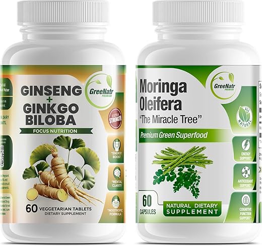 GreeNatr Moringa Oleifera（モリンガ）60粒 Ginseng（高麗人参） + Ginkgo Biloba （イチョウ）Premium Green Superfood 60粒 2点セット