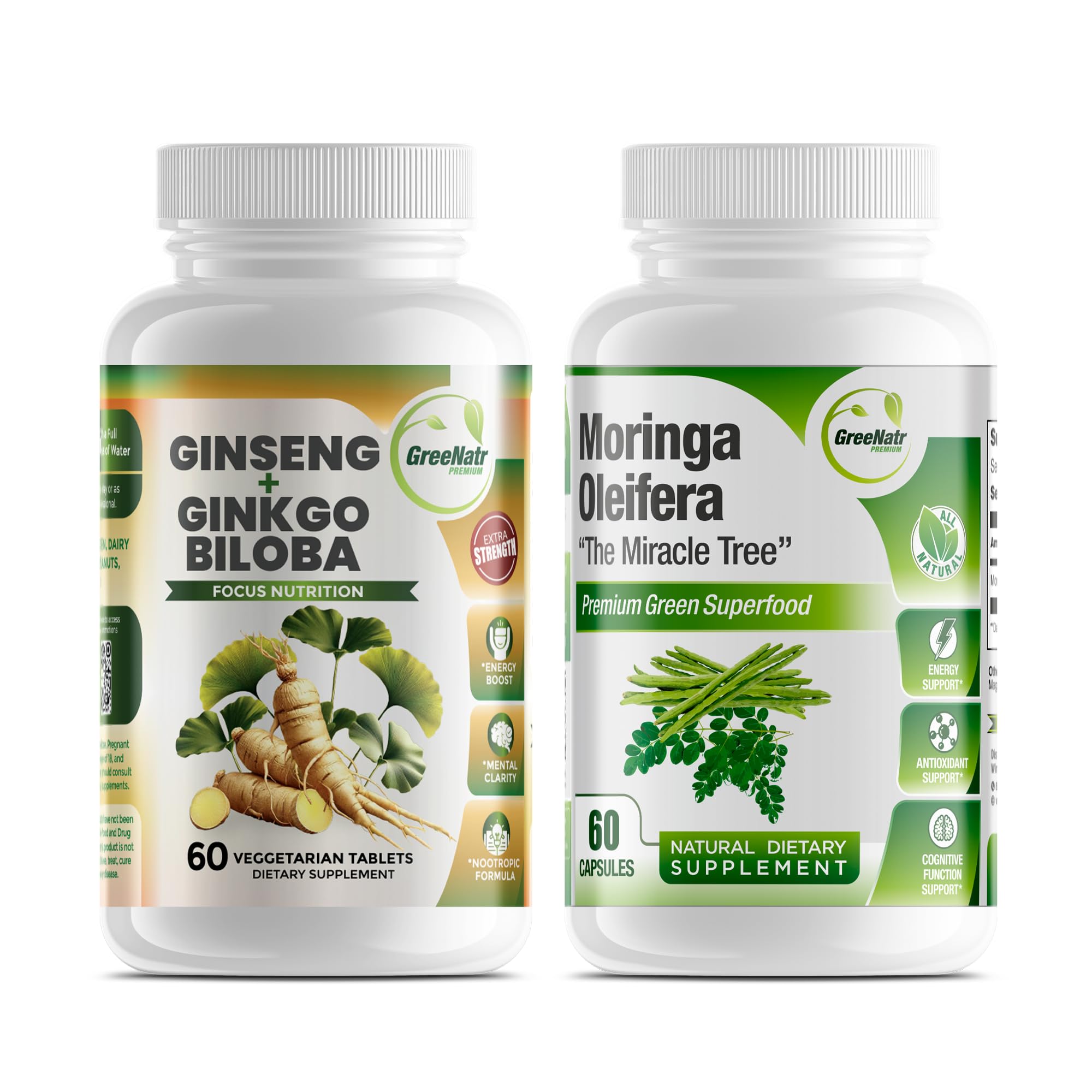 GreeNatr Ginkgo Biloba, Panax Ginseng Supplement and Moringa Capsules Bundle - Ginkgo Biloba Supplements for Immune Support and Energy Boost - Moringa Supplement for Concentration and Good Memory