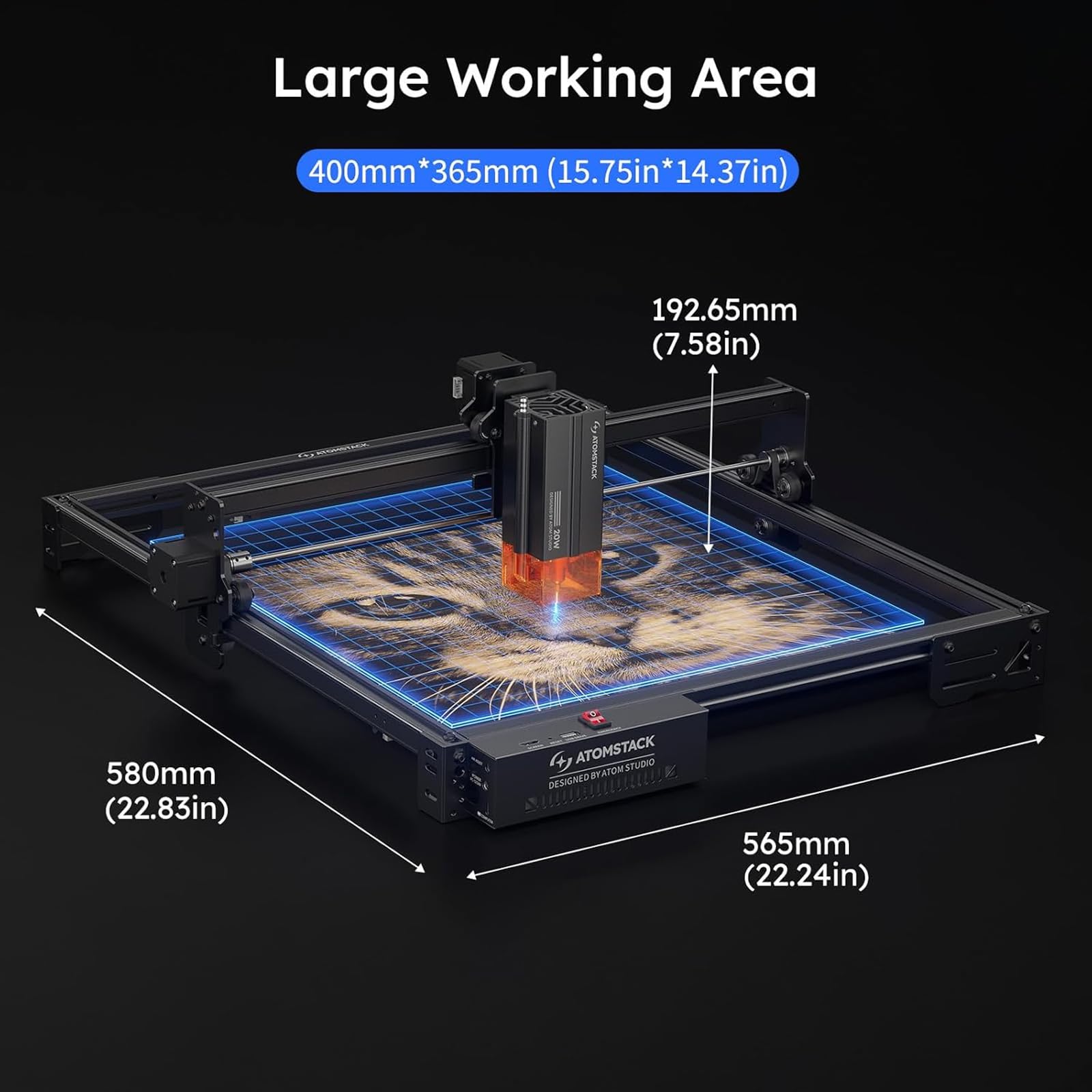 ATOMSTACK A20 Pro V2 20W Ausgangsleistung Laserschneider Lasergravierer mit R8 Rotationsfutter und F4 Waben Laserbett, APP Gravur, Compressed Spot Laser Graviermaschine für Holz Metall Acryl