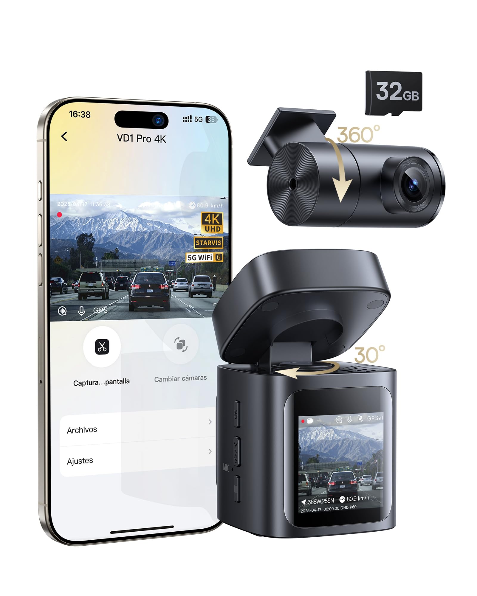 Baseus VD1 Pro Dashcam Cámara Coche Antivandálica 4K+1080p, Dash CAM Solar con Modo Parking Standby de Batería de 14 Días, Camara Vigilancia Coche con STARVIS, Wi-Fi 5 GHz, GPS, Tarjeta de 32 GB