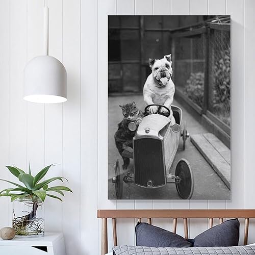 Miniatura 5 de Arte de pared con diseño de bulldog y gato conduciendo un automóvil, divertido animal en blanco y negro, vintage, sala de estar, lienzo para pared,