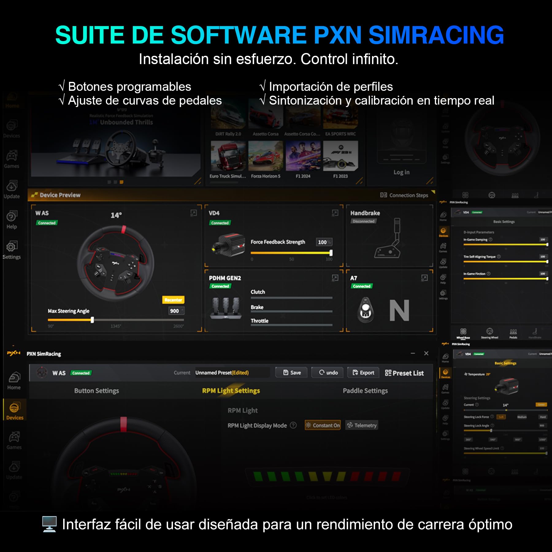 PXN VD4 Kit Volante de Carreras Direct Drive – Base con Motor Servo de 4 Nm y Quick Release, Volante de Juego W AS, Pedales PD HM de Freno y Acelerador, Abrazadera de Mesa – Compatible con PC Windows