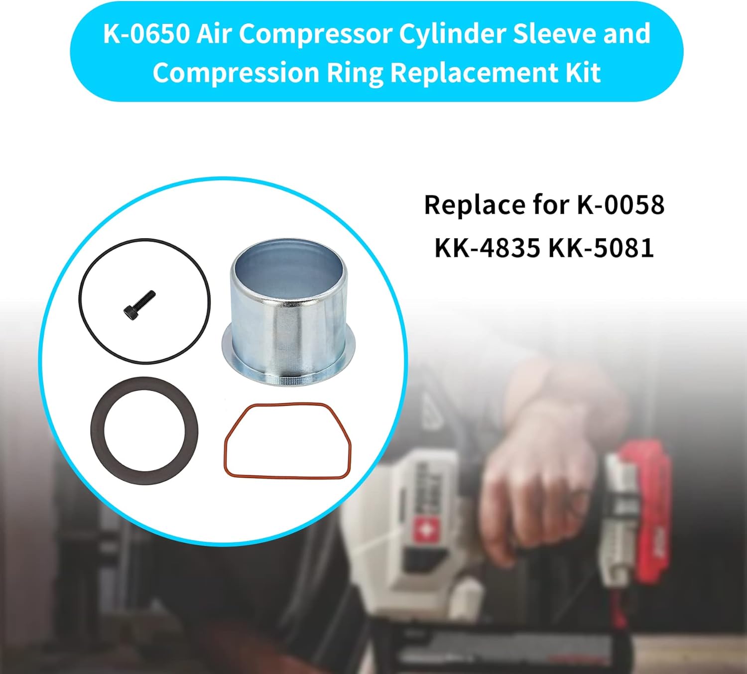 K-0650 Air Compressor Cylinder Sleeve and Compression Ring Replacement Kit Fits for Craftsmann DeVilbisss Porterr Cable Air Compressor Cylinder, Replace for K-0058 KK-4835 KK-5081