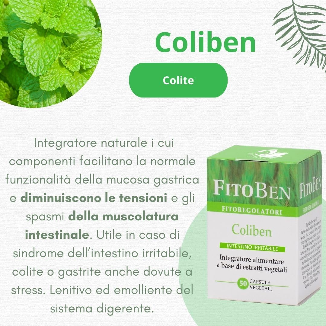 Fitoben | Coliben Integratore Naturale con Melissa, Angelica, Aloe e Camomilla con Azione Lenitiva del Sistema Digerente. 50 capsule vegetali