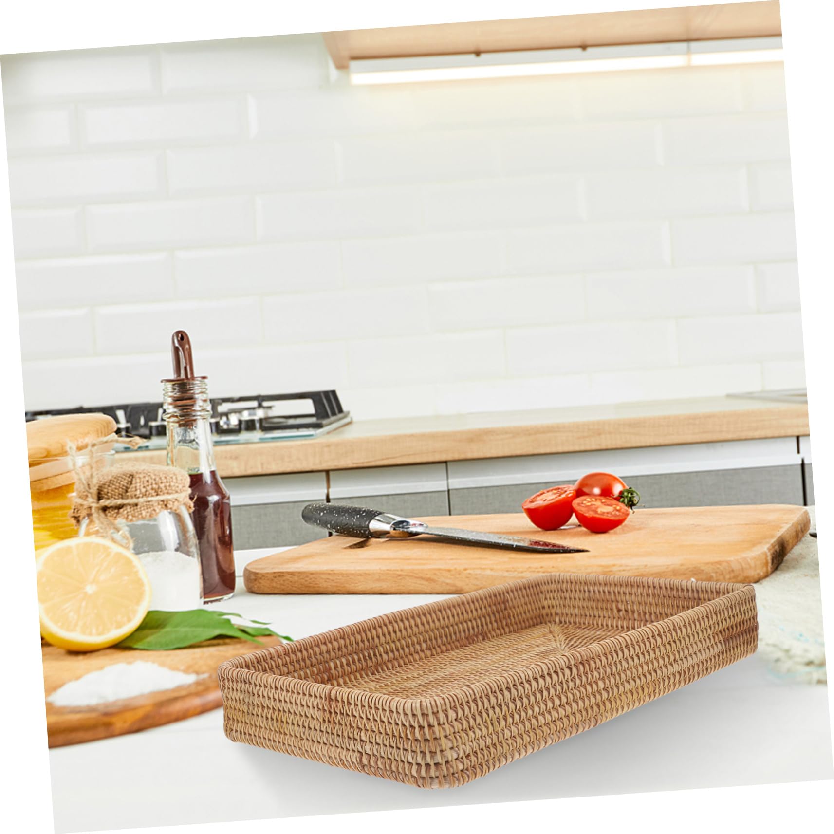 Bandeja Rectangular de Ratán Tejida, Estilo Bohemio