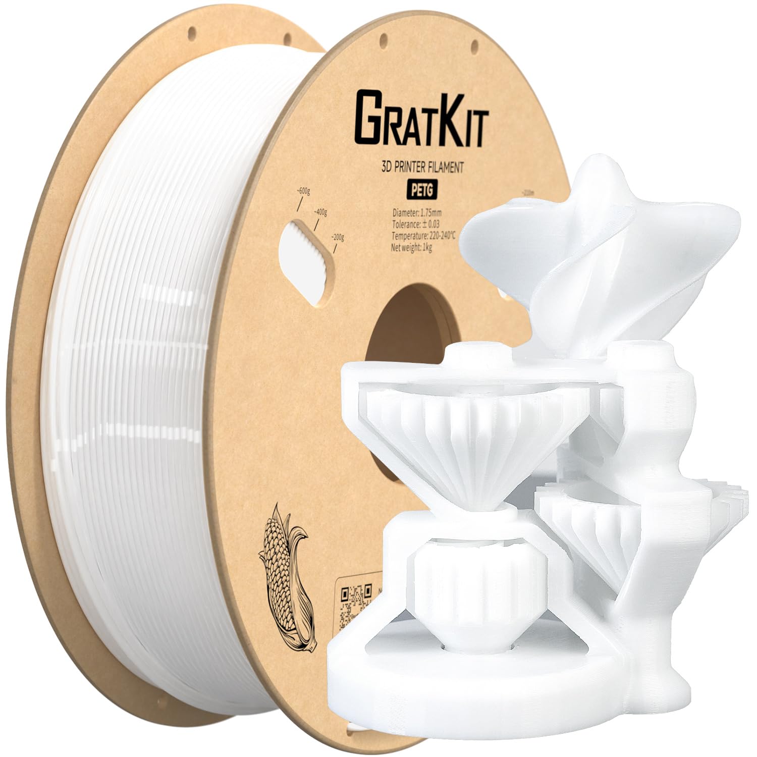 GratKit PETG Filamento per stampante 3D 1 kg, filamento PETG 1,75 mm, -0,03 mm, filamento per stampa 3D PETG,Bianco