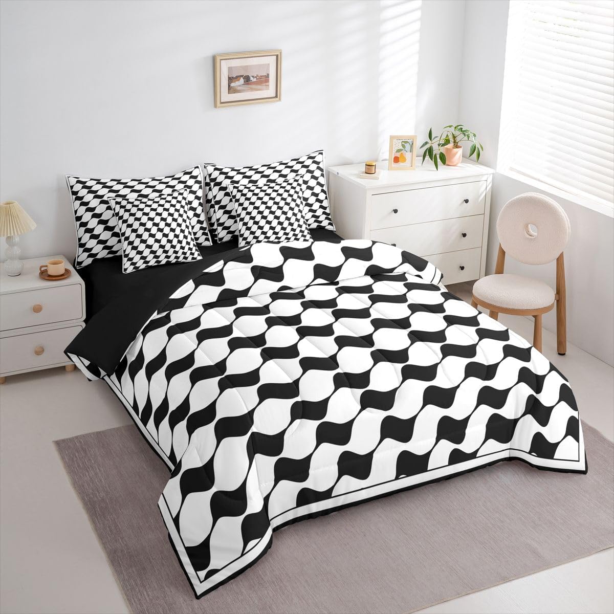 Erosebridal Black White Plaid Bedding Set 7 Piece Queen Size Geometric Checkered Kids Bed in A Bag Modern Triangle Buffalo Comforter Set for Boys Teens Women Adult Farmhouse Grid Aesthetic Sheet Sets