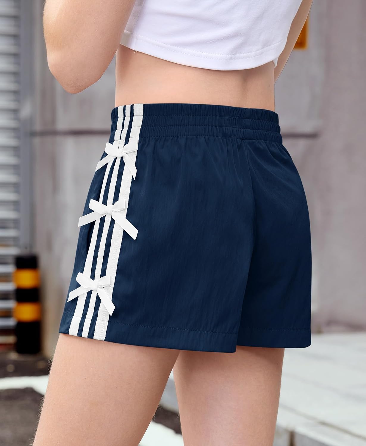 Girls Y2K Striped Track Shorts with Bowknot - Wide Leg, Elastic Waistband & Pockets, Casual for 6-14Y