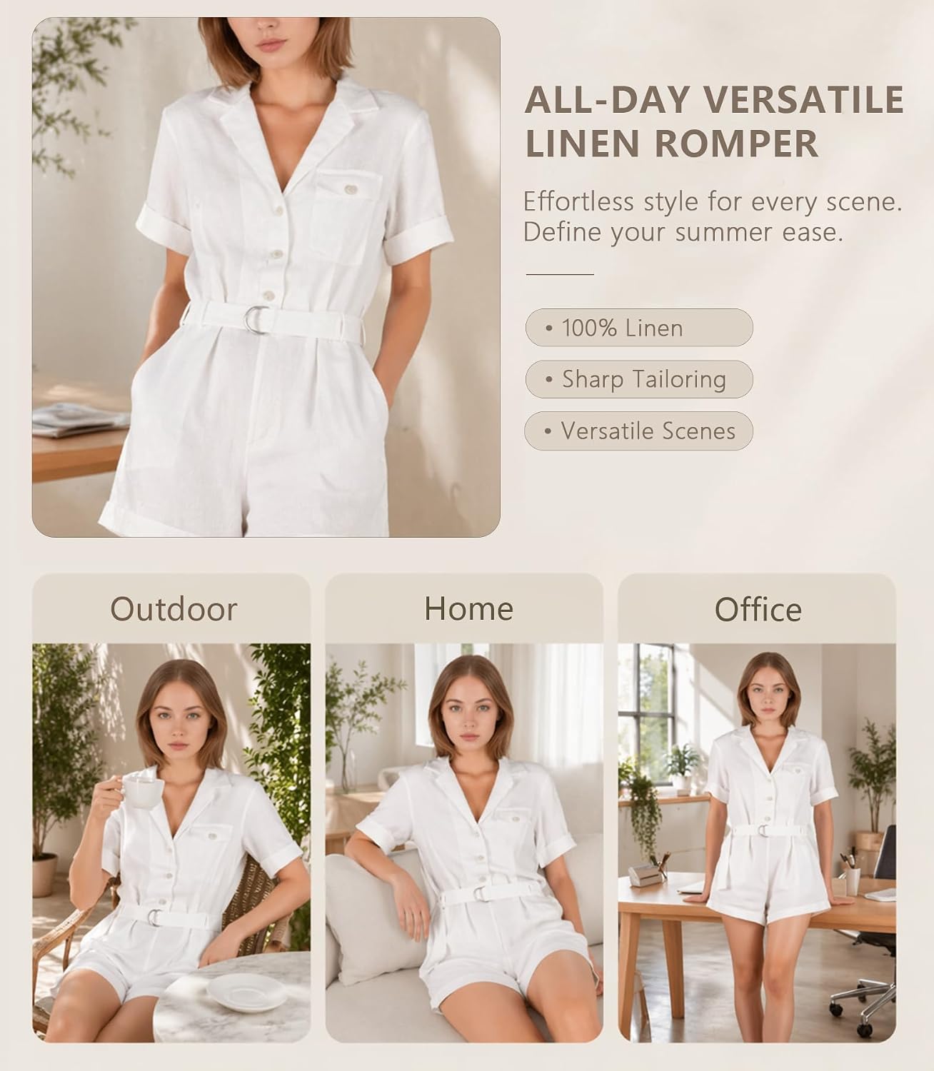100% Linen Rompers for Women Summer | Casual Jumpsuits, Short Sleeves, Button Down, Belt, One Pieces
