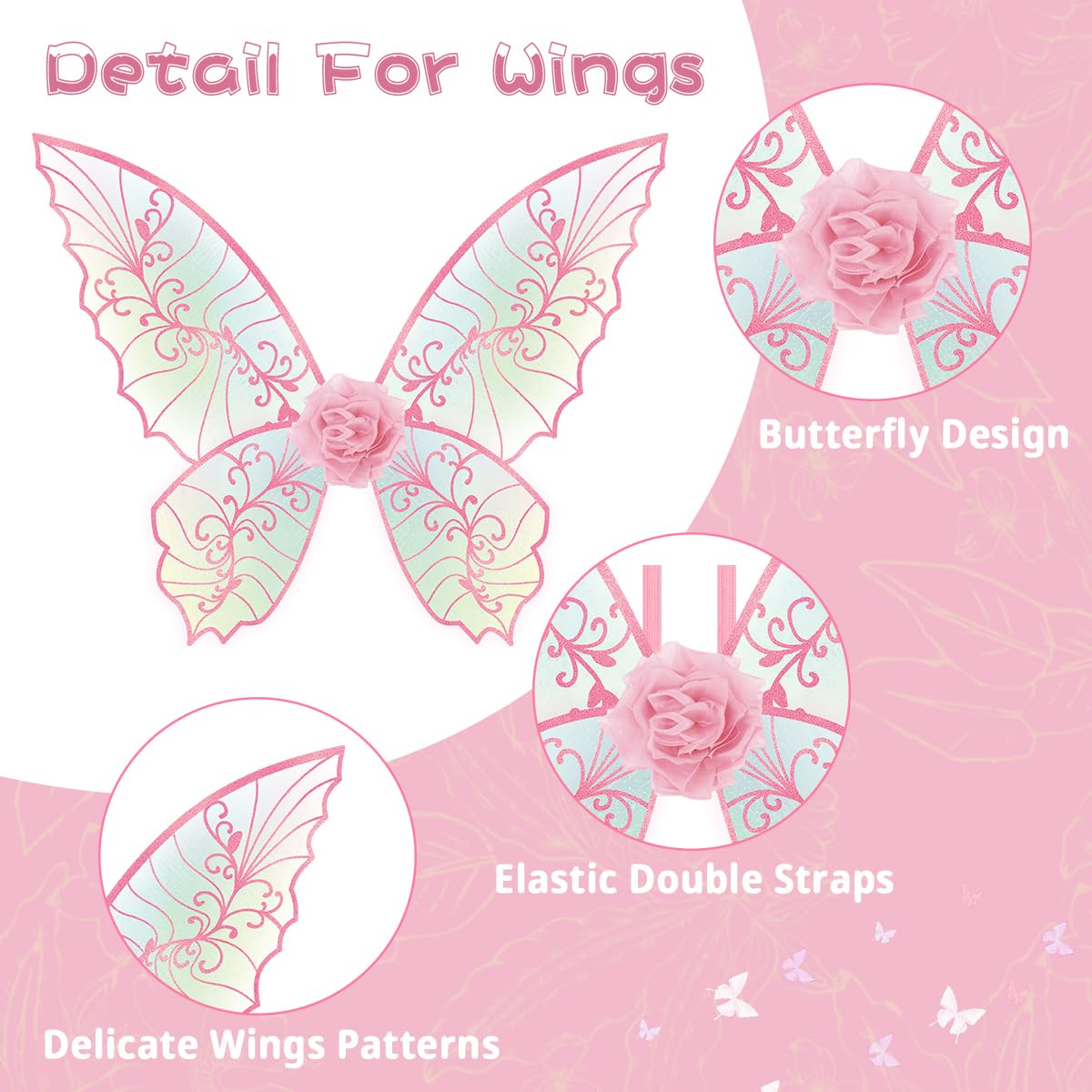 Fairy Wings for Adults Women Floral Garland Star Wands Hair Tinsel Elf Ears Fairy Costume Halloween Cosplay 13PCS Pink - Image 3