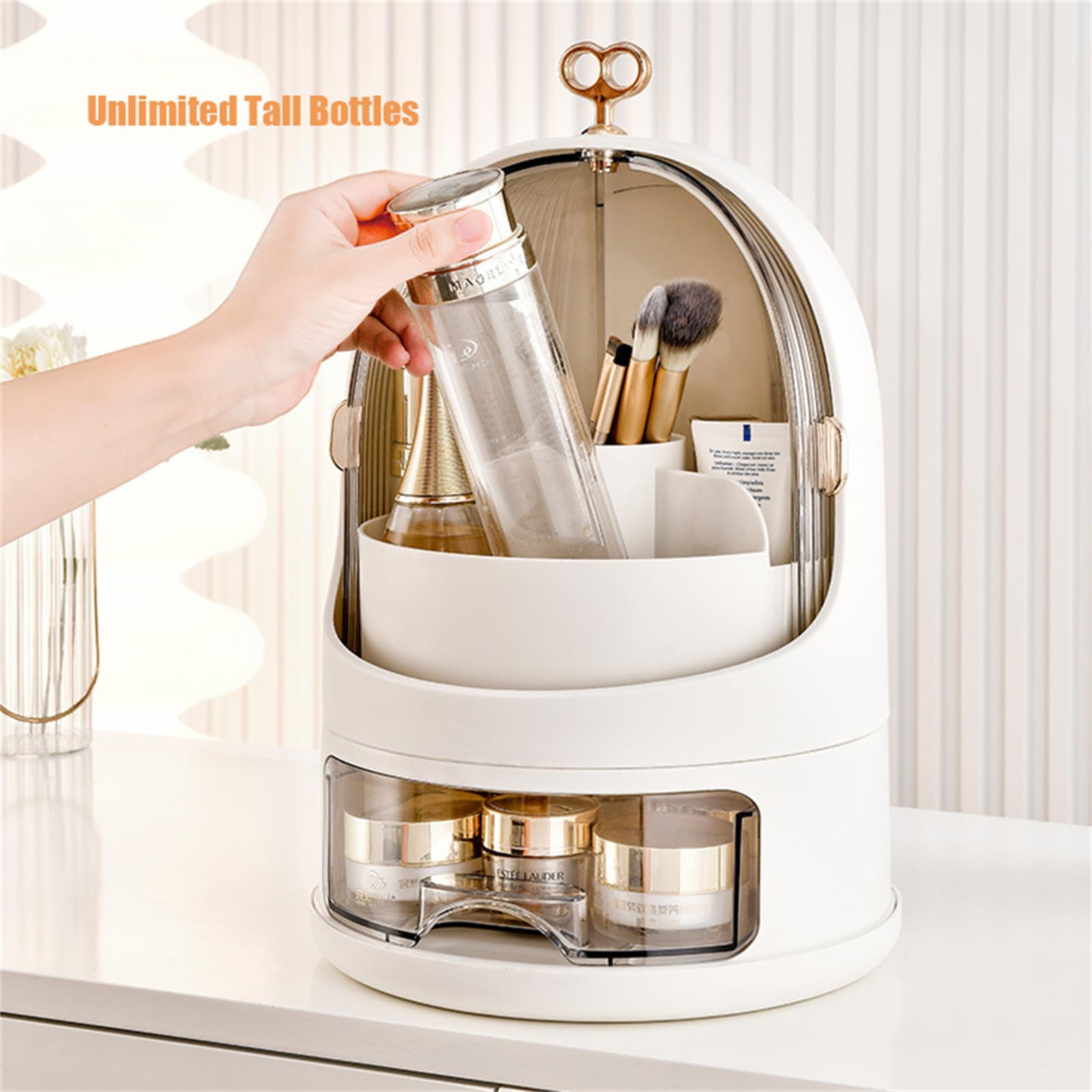 Organisateur de maquillage portable pour les soins de la peau, boîte à cosmétiques, organisateur de tiroir de maquillage avec couvercle anti-poussière (blanc perle)