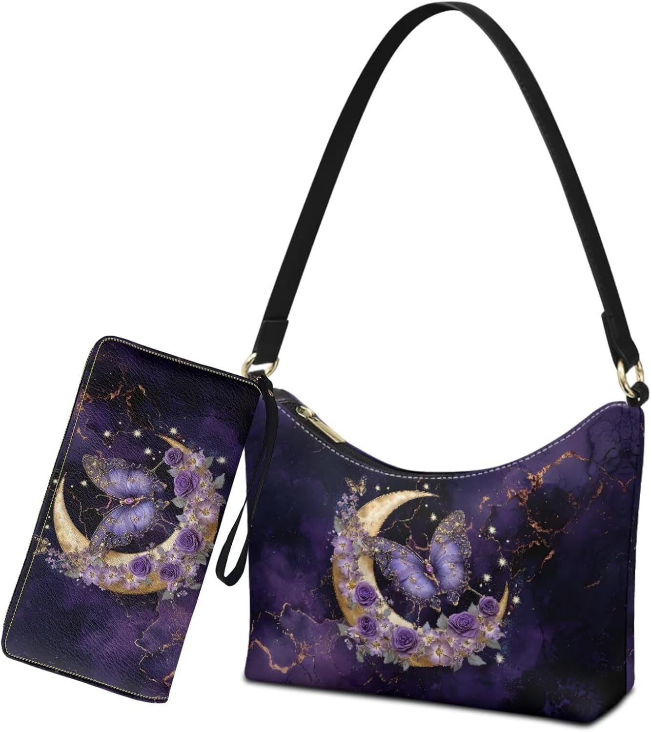 2Pcs Shoulder Bag Set with Wallet for Women, Leather Underarm Purse with Wristlet Wallet, Hobo Sling Tote