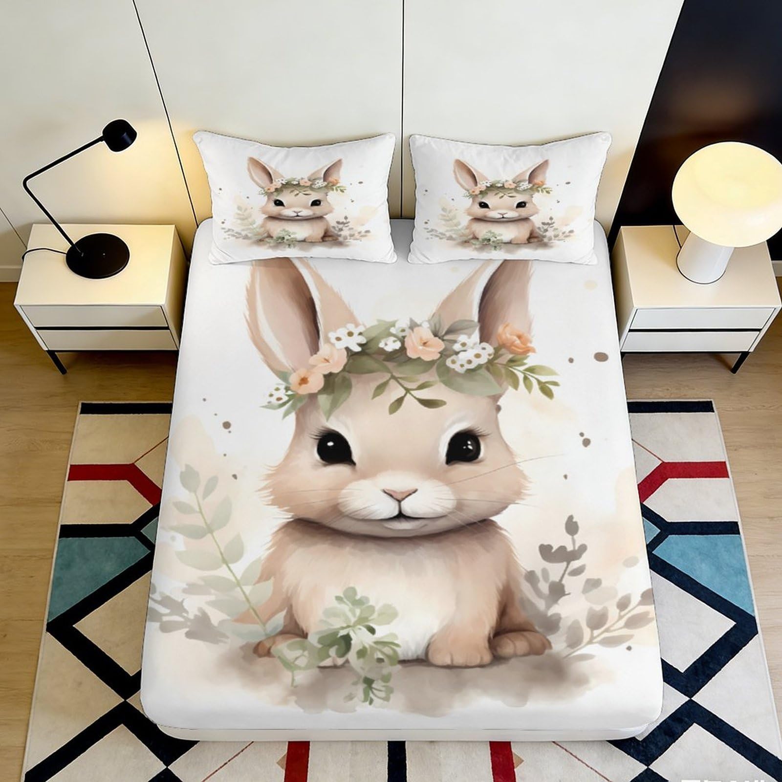 Jqzkxnhpbr Style-2 3D Printed Floral Bunny Fitted Sheet Microfiber Soft Breathable Rabbit Mattress Cover For Bedroom Guest Room Decor 90X200x25cm