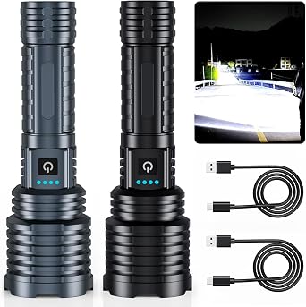 Weoxi High Lumens Rechargeable Flashlight - Super Bright LED Flashlight IPX7 Waterproof for Police, Camping, Emergency, Search & Rescue - 10 Modes, 10000mAh Battery - Spotlight and Floodlight