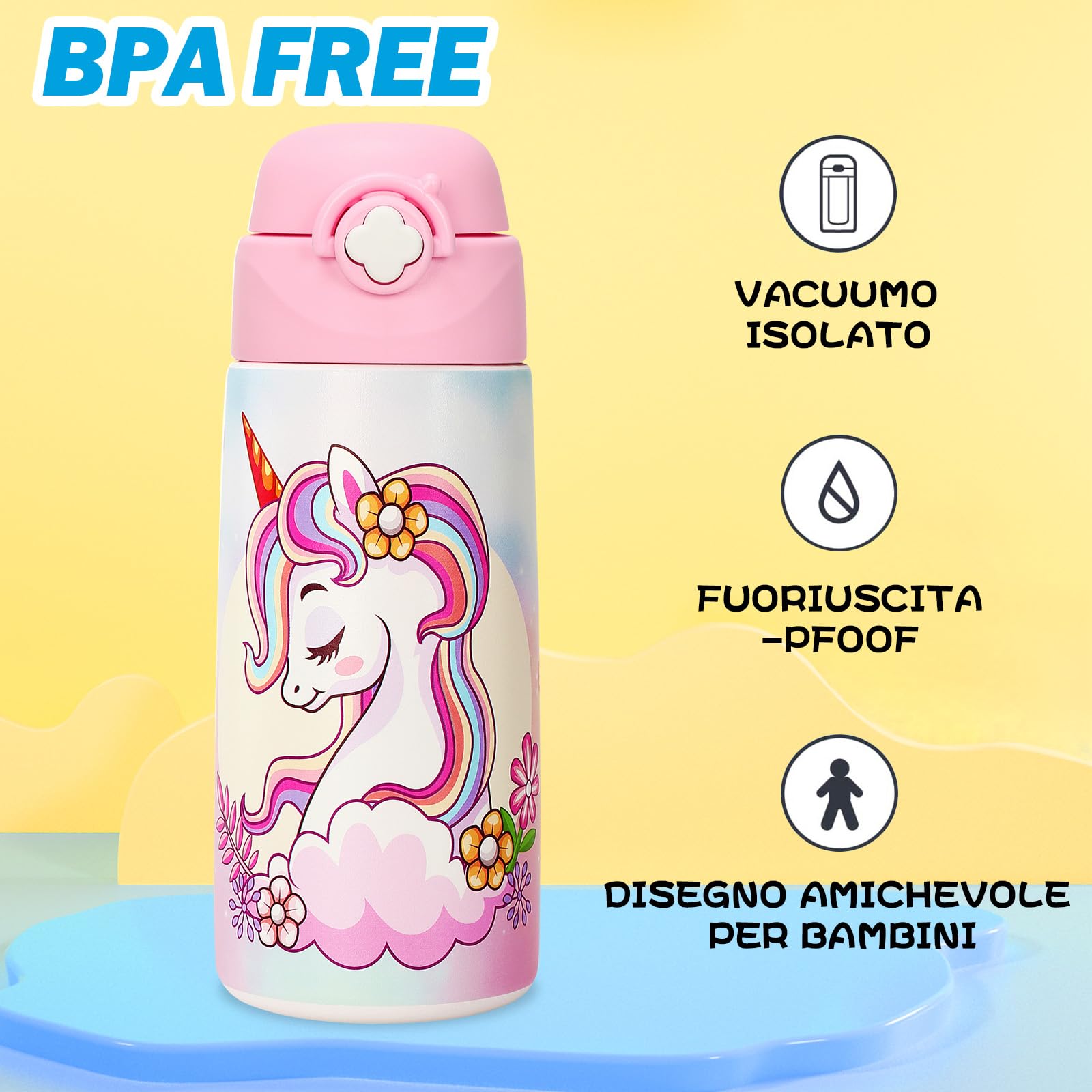 Borraccia Termica Bambini In Acciaio Inox 500 Ml Senza Bpa Bottiglia Acqua Con Cannuccia A Prova Di Perdite Unicorno