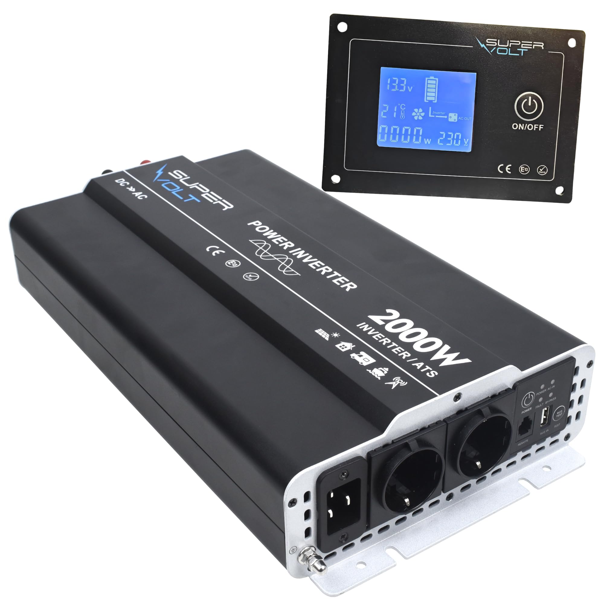 Wechselrichter 12V auf 230V 2000W Reiner Sinus mit Netzvorrangschaltung & FI-Schutz | Für empfindliche Geräte | Mit Fernbedienung, USB & Schuko-Dosen | Ideal für Wohnmobil, Boot, Offgrid