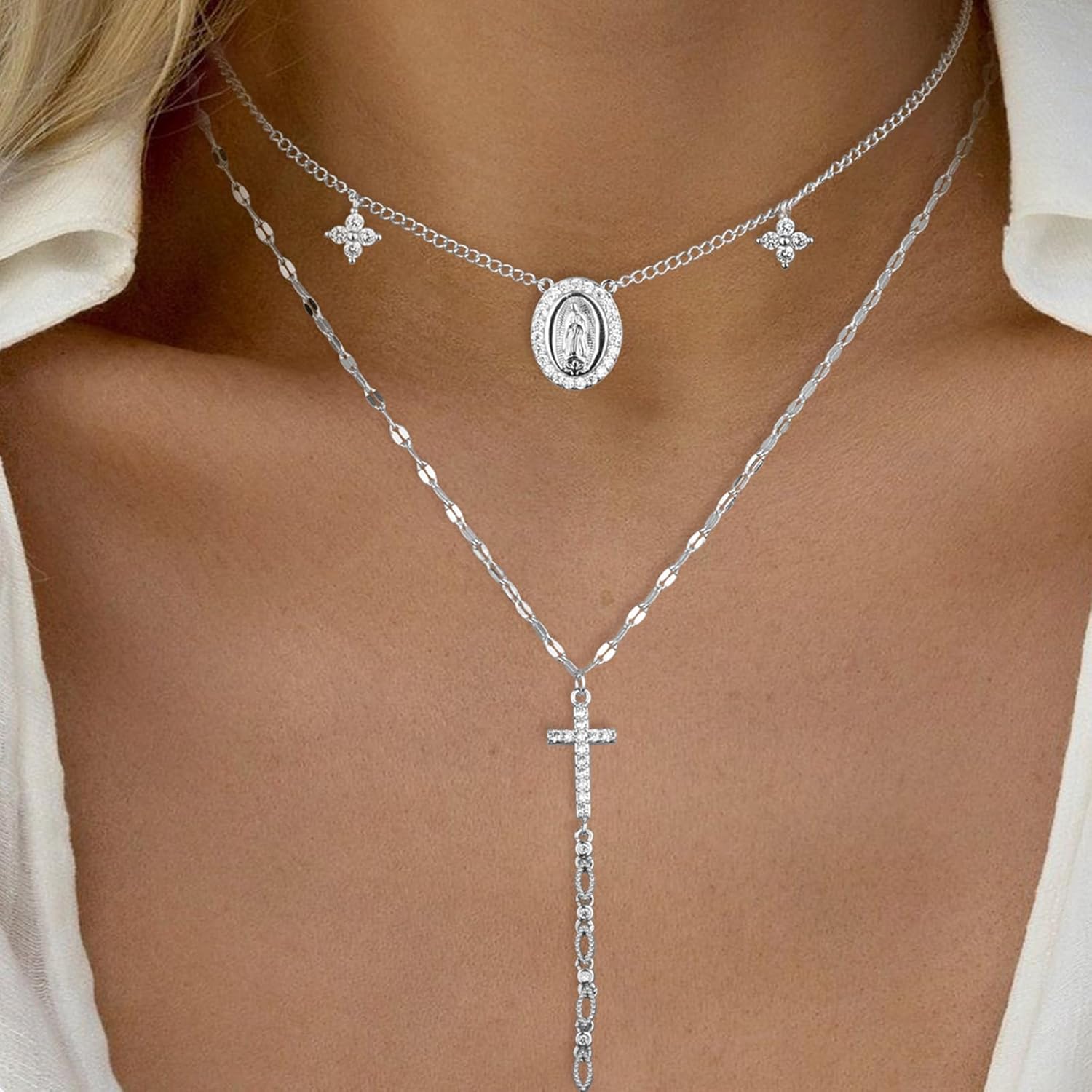 FEEL STYLE Cross Necklace for Women - Dainty Virgin Mary Necklace - Layered Choker Necklace Religious Jewelry - Image 3