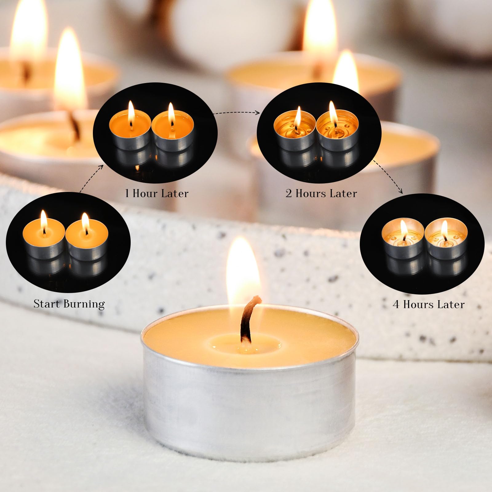 Velas de cera de abeja natural en taza de aluminio de metal, vela pequeña orgánica, aroma natural, sin humo, 5 horas de combustión, color amarillo, paquete de 12