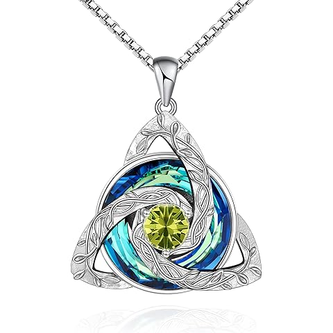 Distance Celtic Birthstone Necklace for Women, S925 Sterling Silver Trinity Knot Triquetra Austria Crystal Pendant, Birthstone Necklace Birthday Anniversary Jewelry Irish Scottish Gifts for Her