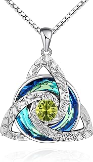 Distance Celtic Birthstone Necklace for Women, S925 Sterling Silver Trinity Knot Triquetra Austria Crystal Pendant, Birthstone Necklace Birthday Anniversary Jewelry Irish Scottish Gifts for Her