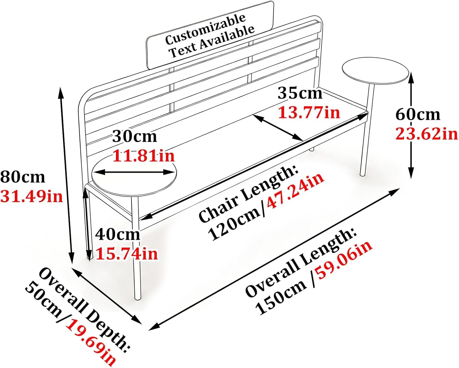 Modern Metal Outdoor Bench with Backrest & Side Tables - Weatherproof 2-Person Patio Seating for Restaurants & Public Spaces - Stylish Blue Garden Furniture