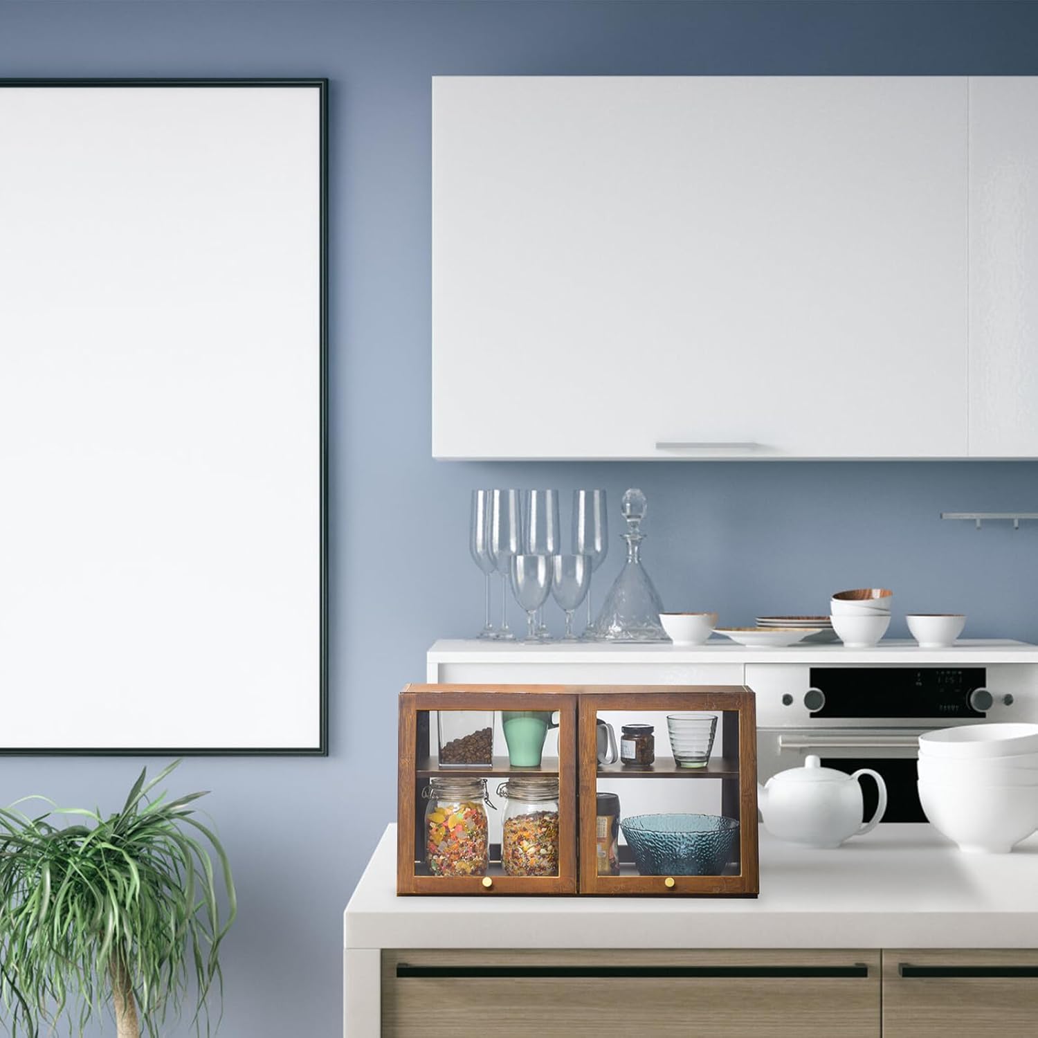 Multifunctional Small Storage Cabinet Sideboard with Two Doors, 59.6×29×33.5cm Wood Grain Countertop Sundries Storage Holder for Kitchen and Dining Room