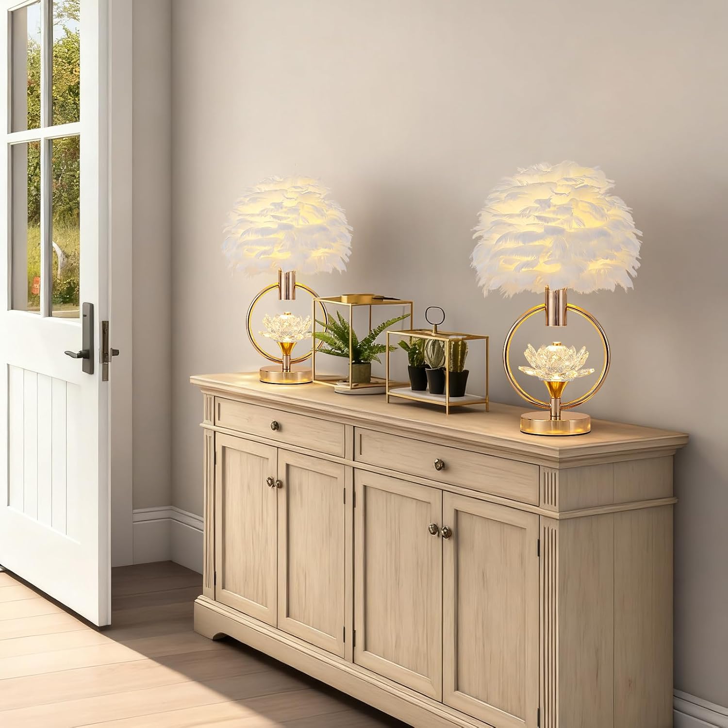 ZYLEIESENBAO White Feather Lamp 17'' Modern Crystal Fluffy Table Lamp Cute Kid Bedside Nightstand Light Nordic Desk Lamp for Girl Bedroom Living Room Entry Office Wedding Christmas Gift