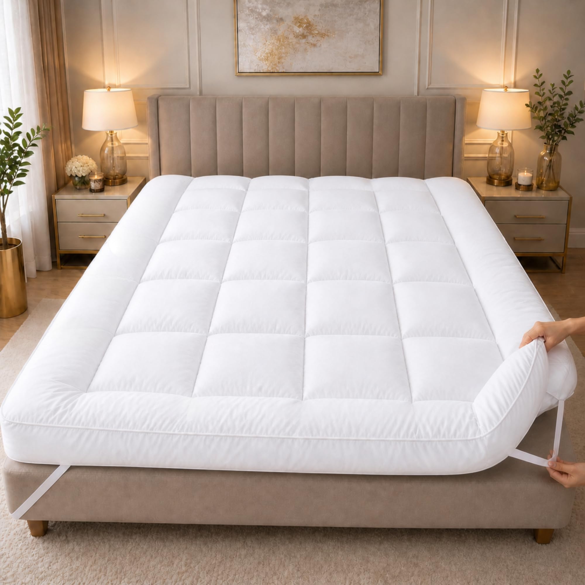 Extra Thick Mattress Topper 10cm/4-Inch Single Size | Washable & Hotel Quality Box Stitch Microfibre Quilted Mattress Topper with Hollowfibre Fill | Easy Fit Straps & 1100GSM (Single, 90x190cm)