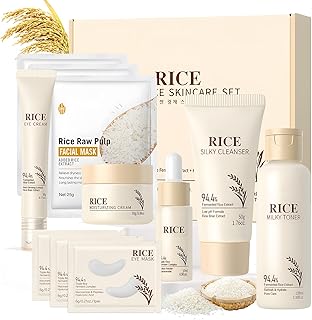 11 Piezas Rice Skincare Kit, Kit Skincare Facial Mujer Completo, Skin Care Set con Rice Toner, Crema Facial, Serum, Clea...