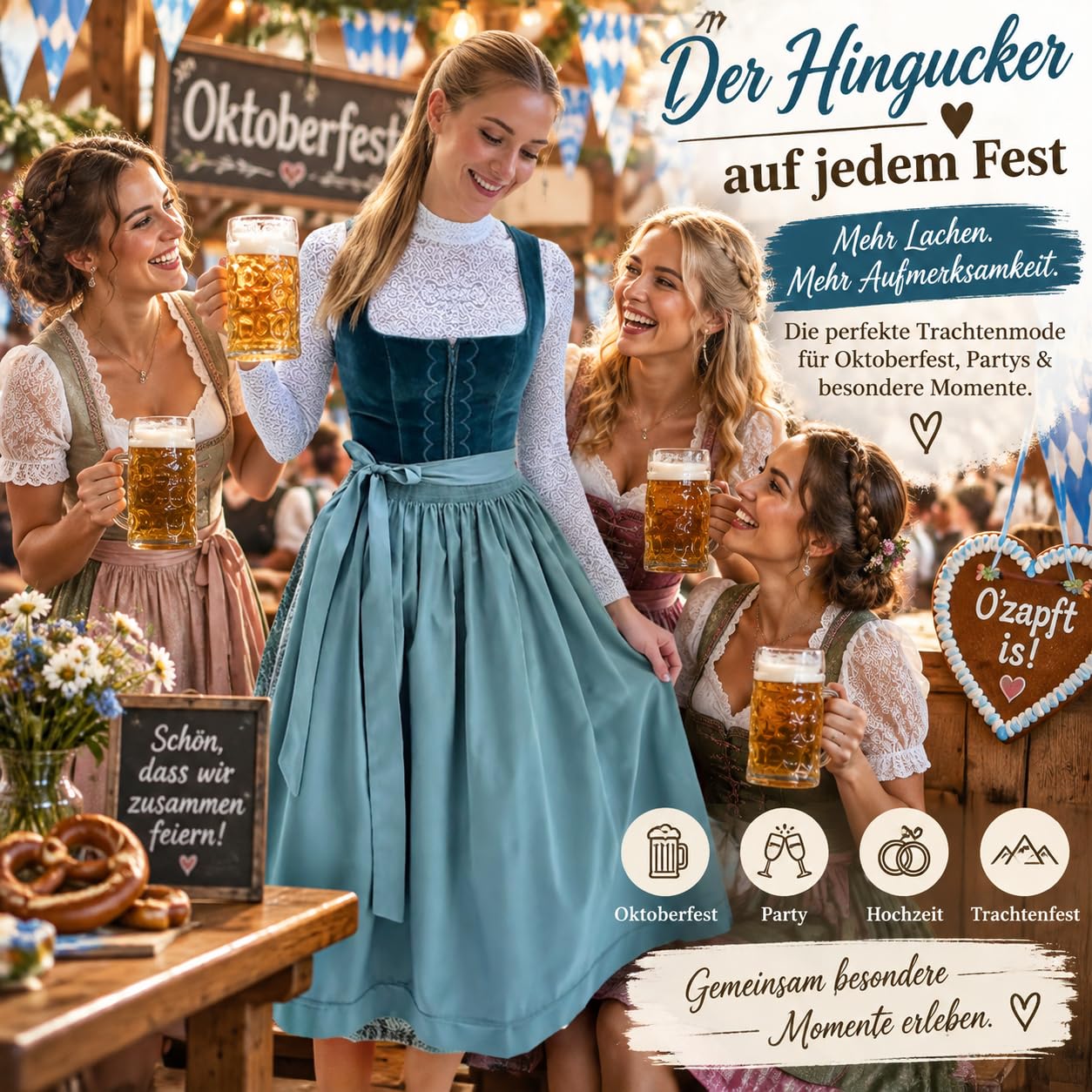 Generisch Dirndl Damen – Trachtenkleid für Oktoberfest mit Schürze, Wiesn Outfit,ohne Bluse