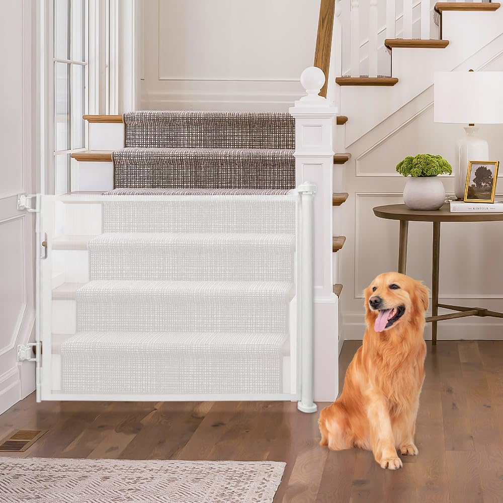 Barrière d'escalier rétractable pour bébé et Animaux- Rétractable Barriere de Securite Chien 0-150 cm de Large Barrière de Sécurité, Barriere Escalier Enroulable-86 * 150 cm-Blanc