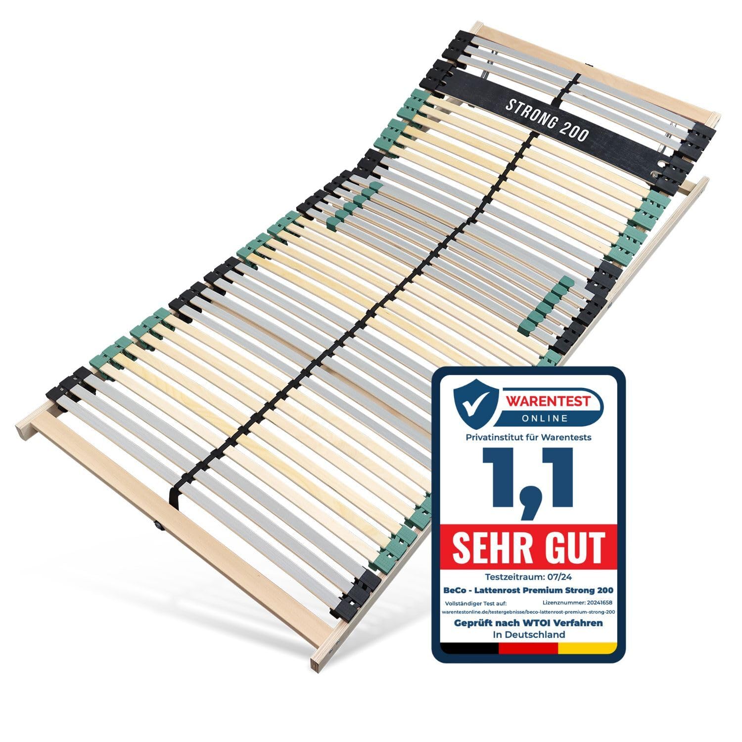Lattenrost 90x200 Premium Strong bis 200Kg, Kopfteil verstellbar, 7-Zonen-Lattenrost mit 42 Latten, Made in Germany, extra stabil aus Buchenholz